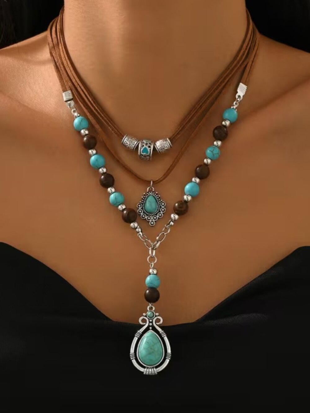 NWT Boho Western Faux Turquoise Layered Steel Choker Y Necklace Festival
